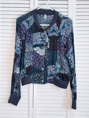 Intimately Free People Bomber Jacket Patchwork Snap Front Blue Semi Sheer Size M